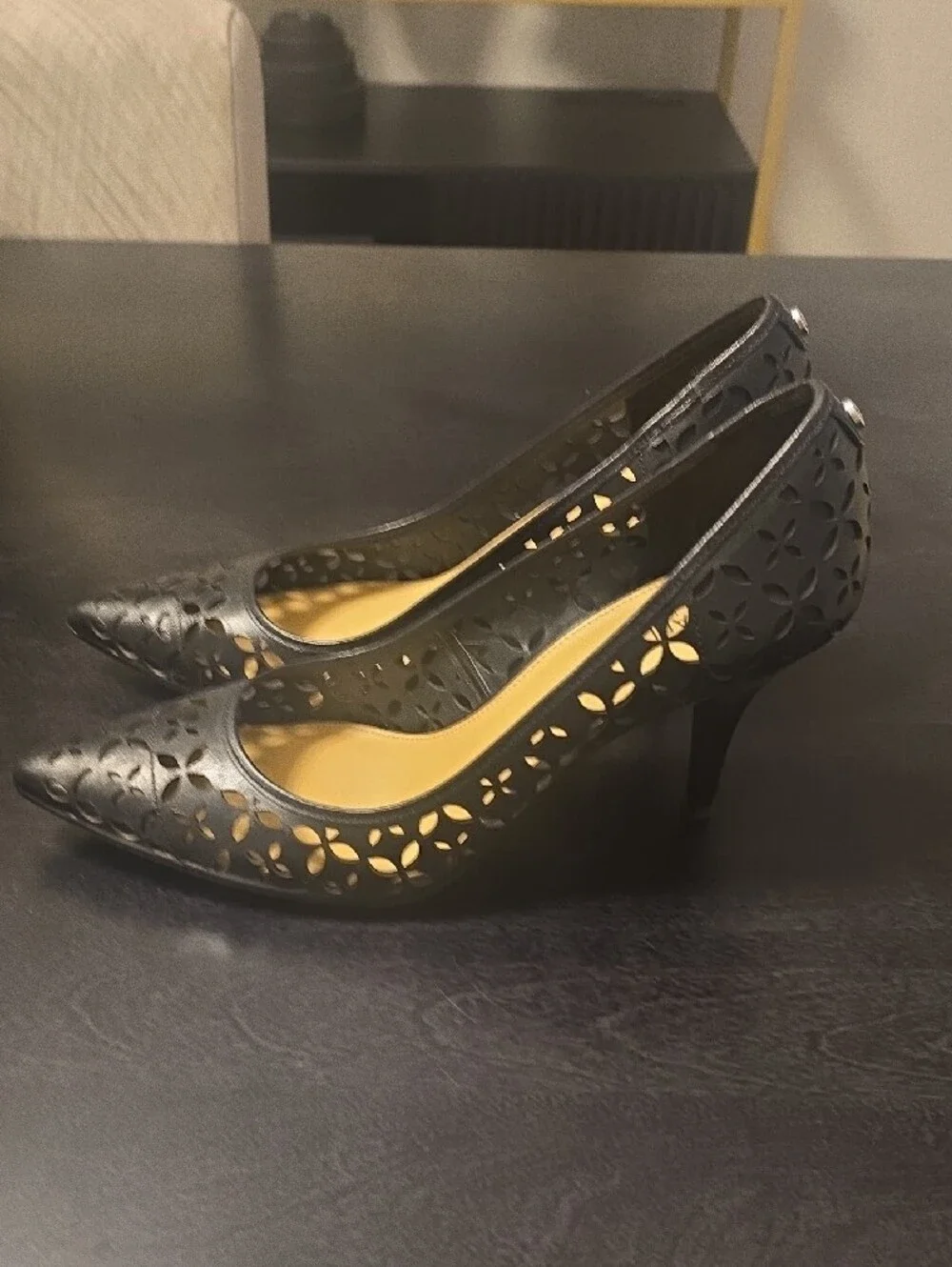 Michael Kors Black Laser-Cut Floral Pointed Toe Pumps
